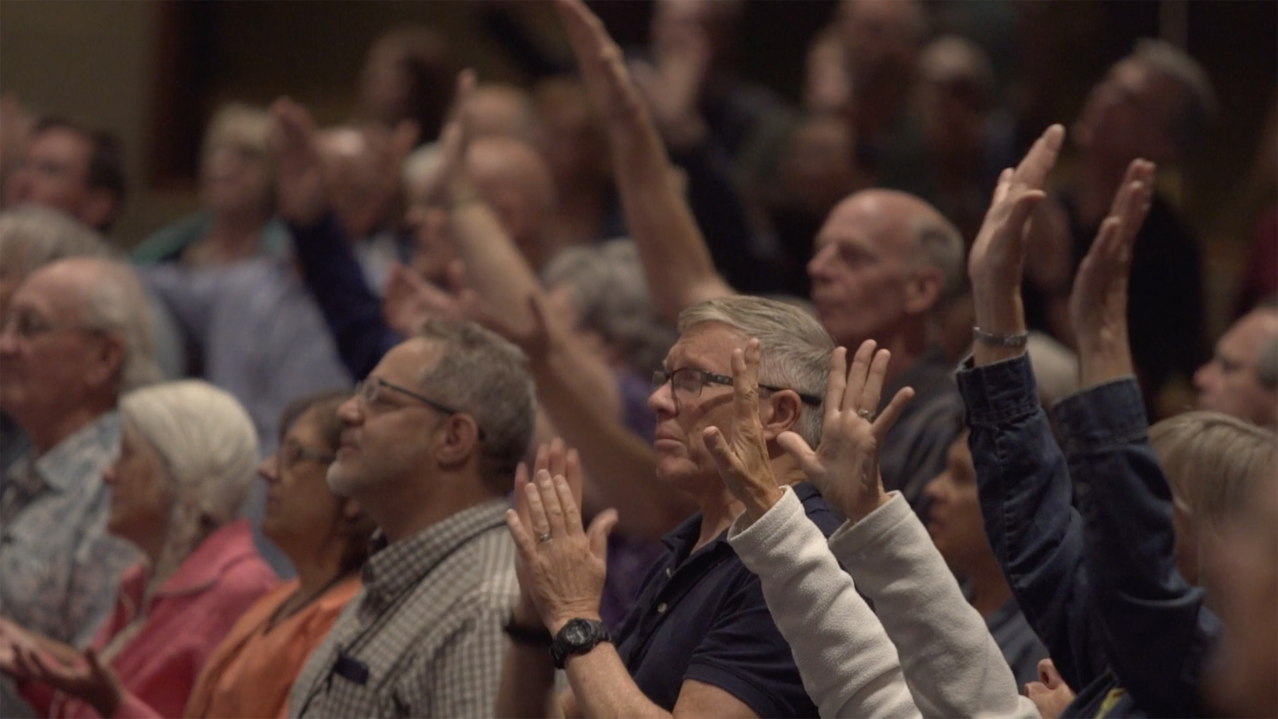 People raising hands in a crowd