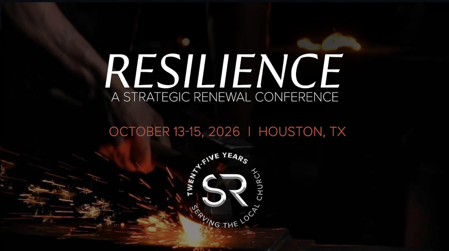 A blacksmith hammer coming down on metal and anvil with sparks